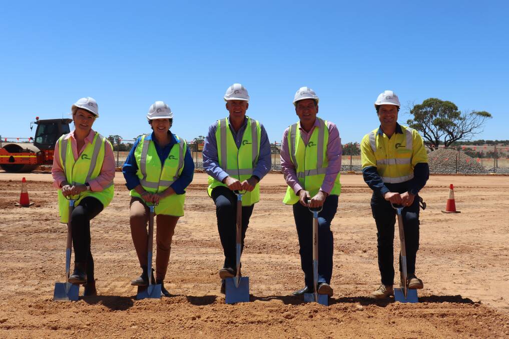 Wheatbelt Development Commission acting CEO Susan Hall (left), Minister for Agriculture Jacki Jarvis, CBH chair Simon Stead, Member for the Agricultural Region Darren West and CBH CEO Ben Macnamara at CBH Brookton site this morning