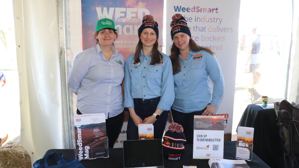 WeedSmart celebrated 10 years at the Dowerin Machinery Field Days with Grains Research and Development Corporation crop protection manager Georgia Megirian (left), WeedSmart and Australian Herbicide Resistance Initiative communications manager Jessica Scholle and WeedSmart project manager Jessica Strauss.