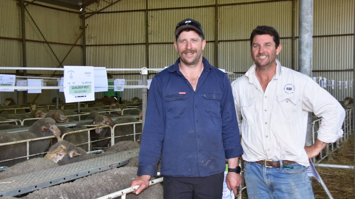Eastville Park and Quailerup West co-principal Todd Mullan (left), discussed the line-up of rams on offer with long-term client Jay Robertson, CJ & EJ Robertson & Son, Kulin. In the sale Mr Robertson purchased one of the days $4000 equal top-priced Eastville Park rams as part of team of 20 rams all up which averaged $1505.