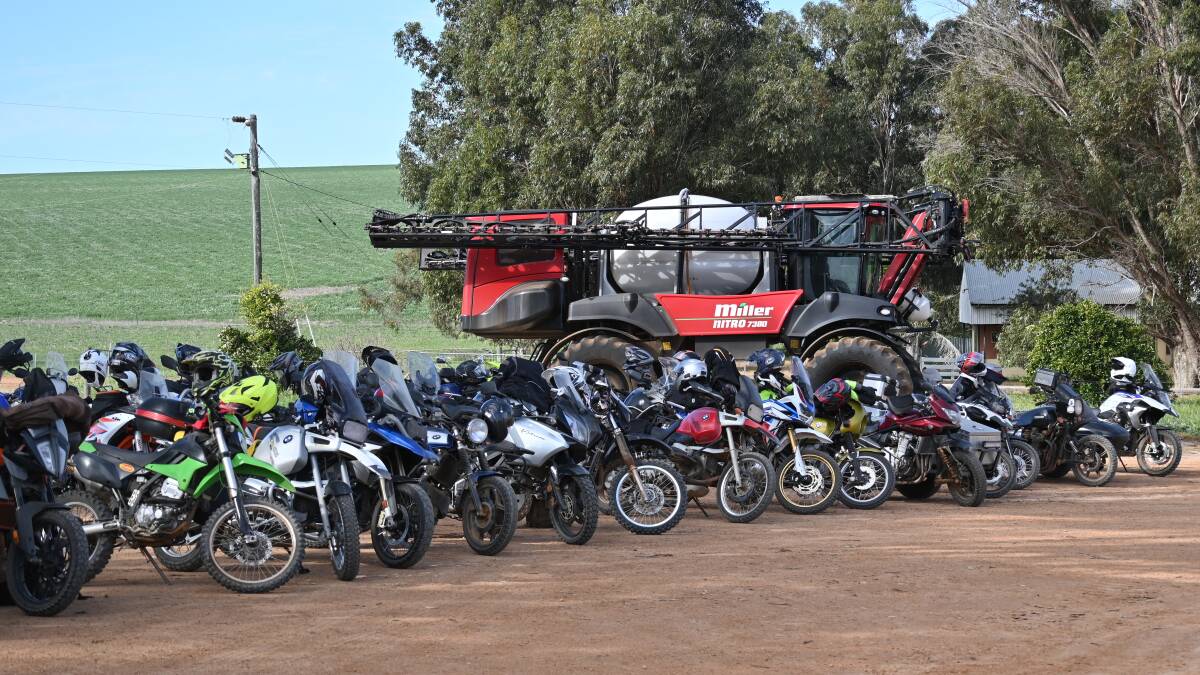 Some of the motorbikes that featured on the latest ADAMA Australia 2-Wheel Trial Tour in WA, captured here during a Mingenew Irwin Group Crops & Hops afternoon event that highlighted the Bilberry green-on-green and green-on-brown spot spraying system.