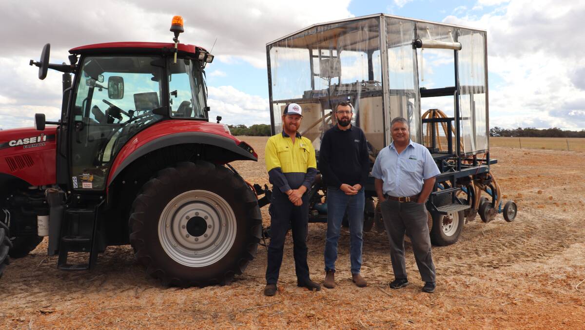 AGT trials co-ordinator Cody Hull (left), wheat breeder Dion Bennett and variety support manager Floyd Sullivan.