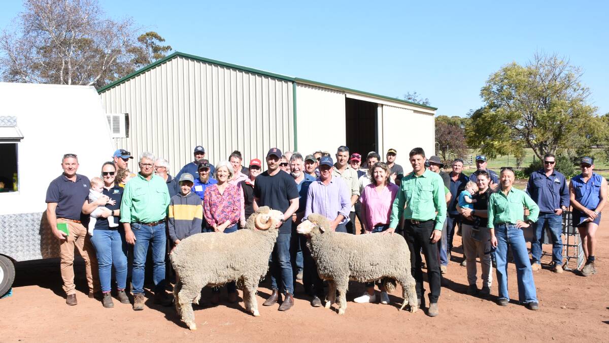 Prices hit a high of $4000 four times at Mondays Eastville Park and Quailerup West on-property ram sale at Wickepin for a Quailerup West Merino and three Eastville Park Poll sires. Quailerup West and Eastville Park co-principals Todd (left) and Grantly Mullan hold two of the $4000 top-priced rams surrounded by family buyers and agents at the sale.