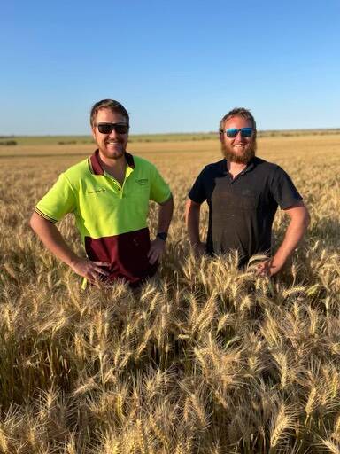 Reyner Wells (left) and Avery Maitland after completing their first solo season on their Korrelocking farm after Mr Maitlands dad passed away from motor neurone disease 18 months ago.