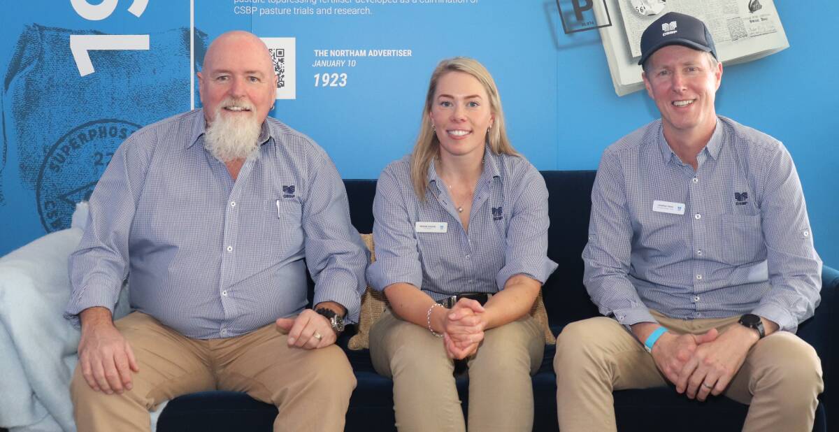 CSBP Merredin area manager Craig Geerssen (left) with Northam account manager Nichola Cassidy and regional sales manager central Jonathan Hams at the Dowerin Machinery Field Days last week.