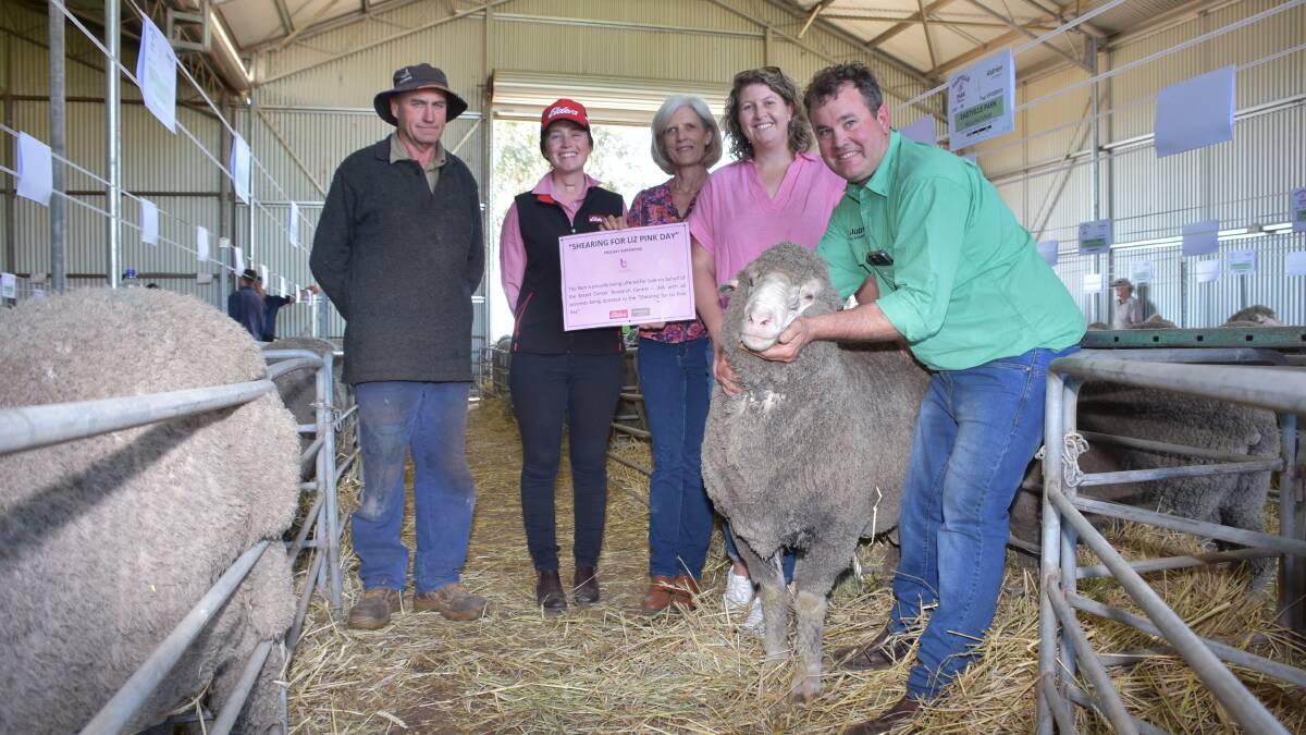 In the sale the Mullan family donated the proceeds of one ram to the Shearing For Liz Pink Day fundraiser charity for Breast Cancer Research  WA. With the ram, which sold for $1700 were its buyer Tom Wittwer (left), Cuballing, Elders stud stock representative Lauren Rayner, Eastville Park and Quailerup West co-principals Lee-Ann and Elise Mullan and Nutrien Livestock Breeding representative Mitchell Crosby.