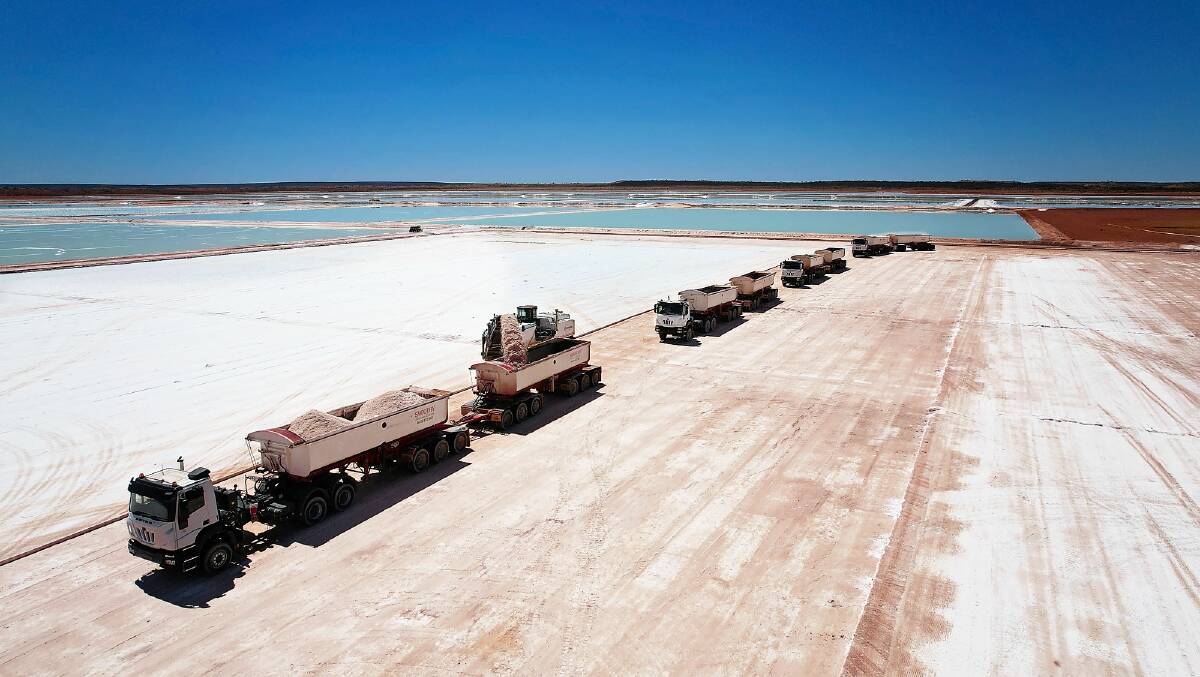 A fleet of trucks loading harvest salts at the end on an evaporator and concentrator ponds train at Kalium Lakes Ltds Beyondie Sulphate of Potash fertiliser project in remote Western Australia. Modifications to its processing plant have enabled the company to set an interim production target at two thirds of its original target.