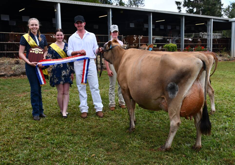 Long Lanes VH Donaria, owned by Jerry English, named champion and best udder Jersey cow at 2022 Malanda Show, photographed with Summer Trevor, Frances English, Jerry English and Mary English. Picture by Anne Daley
