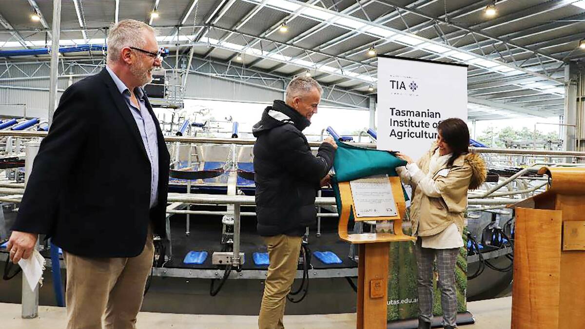 The opening of the TIA research dairy involved TIA director Professor Michael Rose, University of Tasmania College of Science & Engineering executive dean Terry Bailey and Jo Palmer MLC, Minister for Primary Industries & Water. Picture supplied
