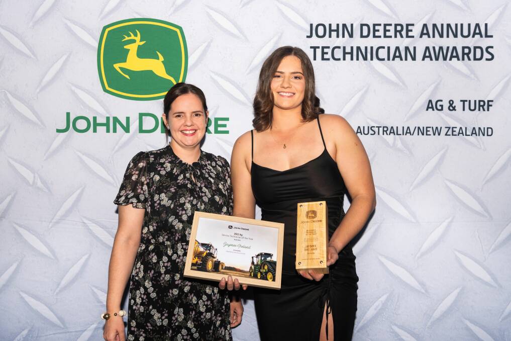 John Deere director of aftermarket and customer support Emma Ford with 2022 Australian Agriculture Service Technician of the Year Jaymee Ireland. Picture supplied