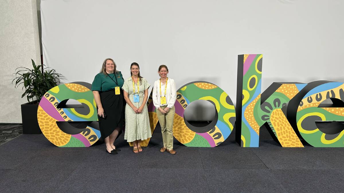 University students Kaitlyn Anderson (left) and Annette Bowen (far right) from the Wheatbelt attended the recent evokeAG conference in Perth thanks to sponsorship from Lumen Wheatbelt Regional University Study Hubs. They are pictured with Lumen director Elise Woods (centre).