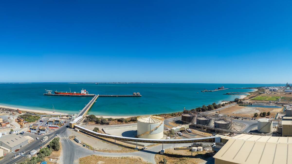 A panoramic aerial view of the newly-refurbished conveyor running from the Kwinana Bulk Jetty into CSBPs Kwinana works.
