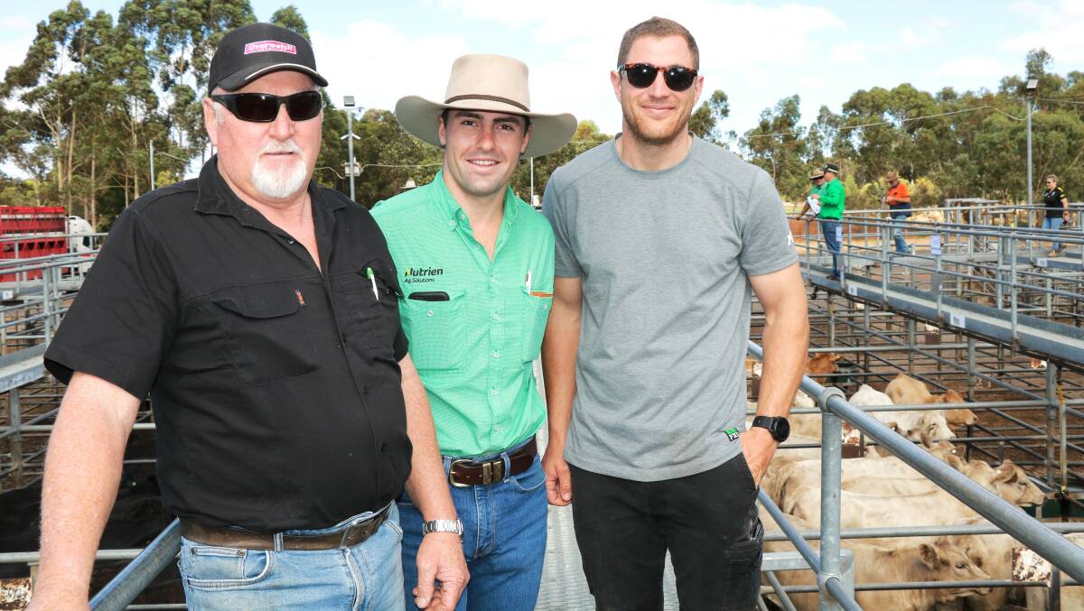 Remo Pessotto (left), Manjimup, Austin Gerhardy, Nutrien Livestock Manjimup and Ryan Pessotto, Manjimup, caught up before the weaner sale at Boyanup. The Pessotto family sold weaners at the sale.