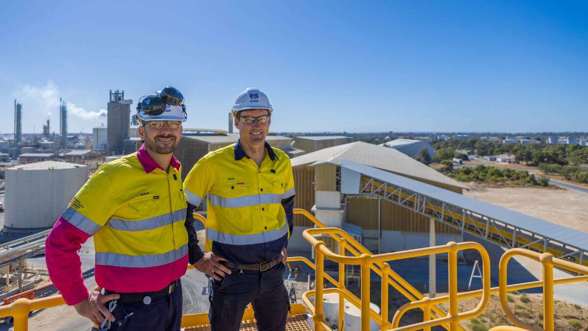 Anton Vojkovic (left), CSBP Fertilisers operations manager (left) and Ryan Lamp, general manager CSBP Fertilisers, on site at Kwinana overlooking the refurbished conveyor. Photos by CSBP.