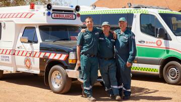 Geoff Waters (far right), Kununoppin, has volunteered as a St John WA emergency medical technician for 44 years. His son Mark (centre) and grandson John (left), both Mukinbudin, are also St John WA volunteers.