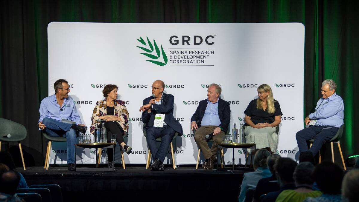  GRDC director Bob Dixon (left), WA Agriculture and Food Minister Jackie Jarvis, CBH Group chairman Simon Stead, GRDC managing director Nigel Hart, InterGrain chief executive officer Tress Walmsley and Mt Burdett Foundation committee member Peter Roberts discussed careers in agriculture at the Grains Research Update, Perth, last week. Photo by Lumens Photography/GRDC.