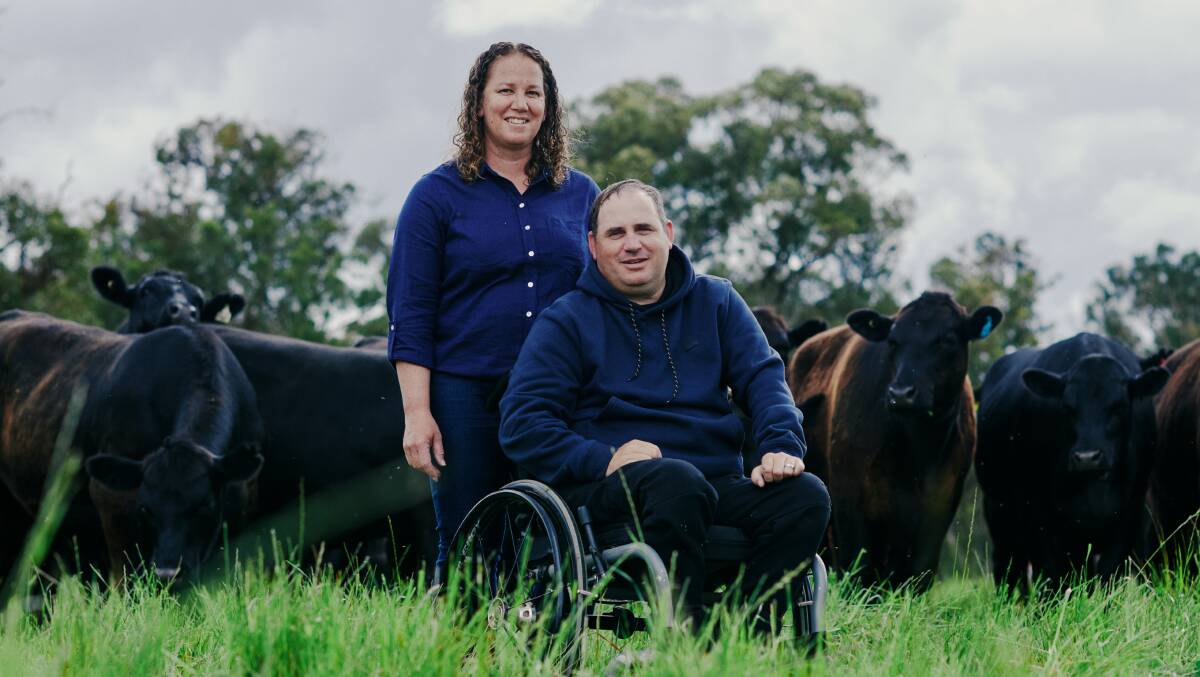  Husband and wife duo Michelle and Kent Rochester at their 1200-hectare property at Manypeaks with some of the cattle that are being grass finished. Photo by Hypnosis for Dirty Clean Food.
