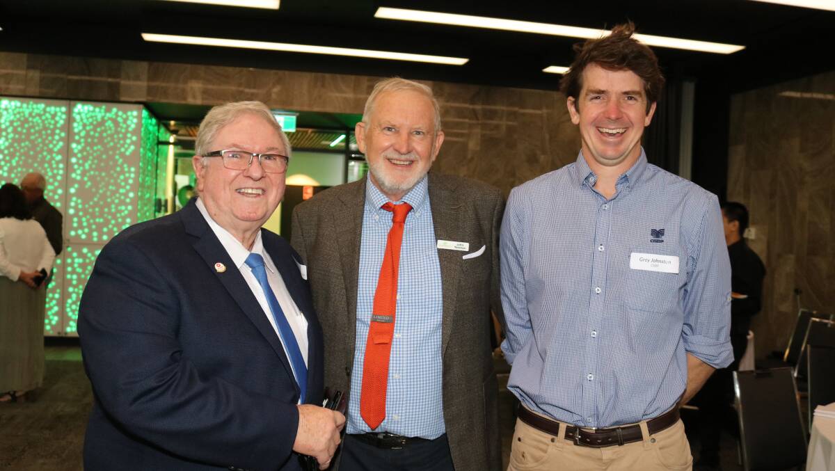 Agricultural and farm safety pioneer Errol Stone (left), Perth, with SFWA acting chief executive officer John Noonan and CSBP sales and marketing manager Grey Johnston.