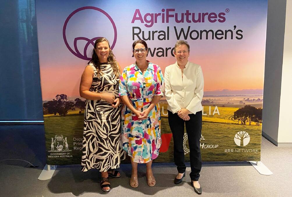 Michelle Moriarty (left), the 2023 WA Rural Women's Award winner, with 2024 winner Mandy Walker and Heather Brayford, DPIRD deputy general. 