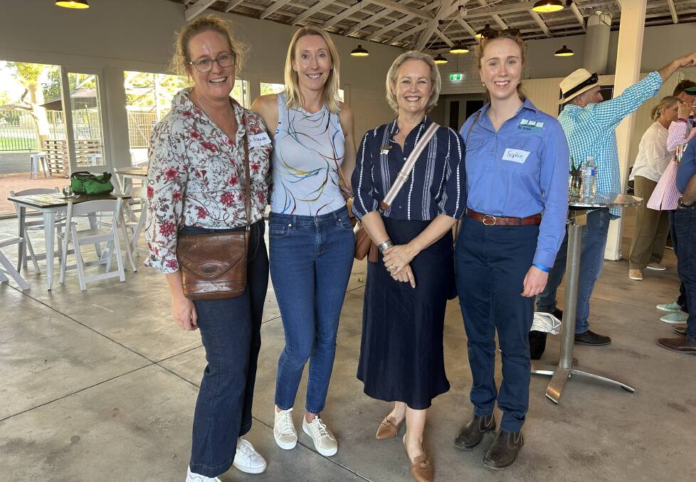 Jo Ashworth (left), Goodlands, Danielle Green, general manager Dowerin Machinery Field Days, Anne Stroud, vice president RASWA and Sophie Hannah, Yarrawonga, Victoria enjoyed the sundowner hosted by RASWA following the Grain Innovation tours.