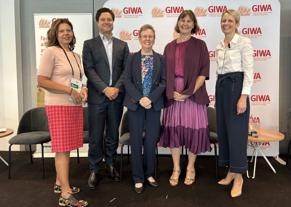The panel from the GIWA breakfast consisted of Dr Larissa Cato (left), AEGIC wheat quality technical markets manager, Ben Macnamara, CBH chief executive officer, Heather Brayford, DPIRD director general, professor Sharon Parker, ambassador for women and mentor, researcher, author and public speaker, with host Courtney Draper, executive general manager AEGIC.