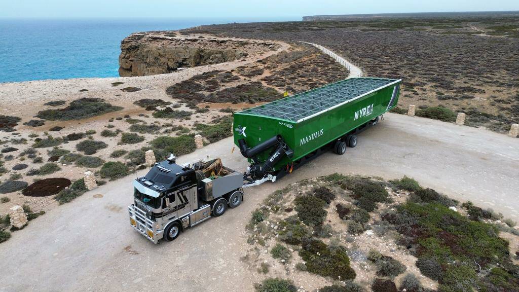 Montague Transport had the job of driving a GrainKing 300T mother bin across the Nullarbor to both South Australia and Victoria via the Great Australian Bight. Photo by Tim Montague.