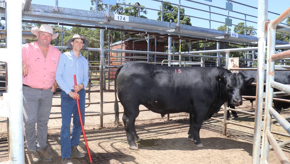 With the $14,000 second top price bull, Gandy Paratrooper T74, weighing 828kg, purchased by Anthony McDonald, Kuloomba Farming, Esperance, is Elders Manjimup and Pemberton representative Brad McDonnell (left) and Gandy Anguss Steven Gandy.