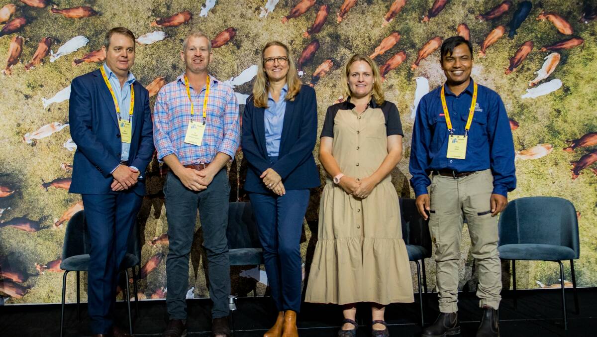 Dr Ben Biddulph (left), Department of Primary Industries & Regional Development, (DPIRD) chief primary industries scientist, Ty Fulwood, owner, Mt Noddy Farming, Dr Joanne Wisdom, innovation manager, Grower Group Alliance, Annabelle Coppin, founder, Outback Beef and owner, Yarrie station and Dr Gaus Azam, DPIRD principal soil scientist, discussed innovation and collaboration at evokeAG. 2024.