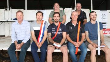 Co-sponsor AWI board member Neil Jackson (front left), with open section champion, Luke Harding, Boyup Brook, Ethan Harder, Bruce Rock, 2nd, Mark Buscumb, Quindanning, 3rd, Andy Murray, Bruce Rock, 4th and event organisers Julie and Gavin Fowler, Williams.