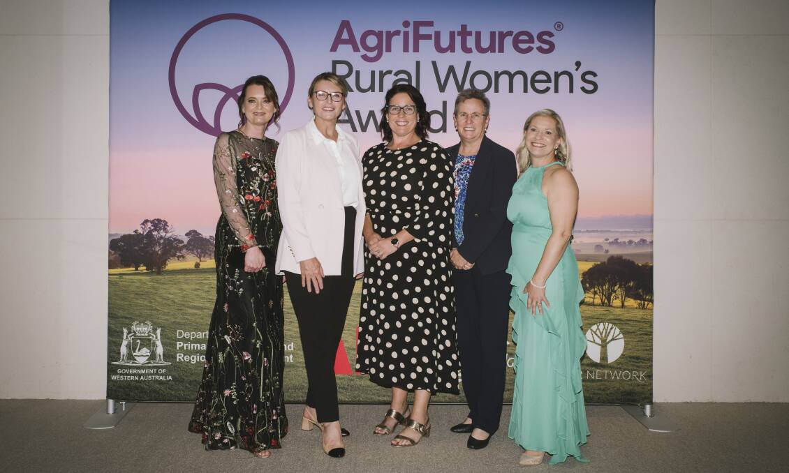 Mandy Walker (centre) won the 2024 WA AgriFutures Rural Womens Award last week. She is with finalist Jay Page (left), Northam, Agricultural Region MLC Sandra Carr, DPIRD deputy general Heather Brayford and finalist Nicola Kelliher, Wandering.
