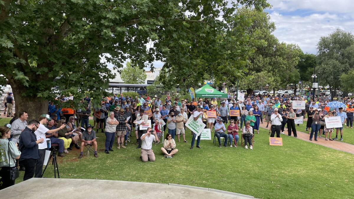 Crowd gathered at Memorial Park, Griffith, in November 2023 to protest the proposed buybacks. Picture by Stephen Burns.