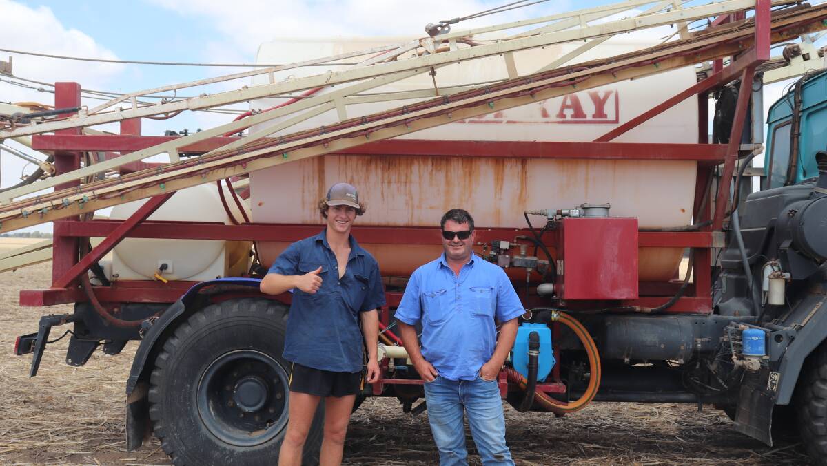 Brad Daniel (left), Gibson, with Matt Gilmore, Neridup, were part of the action at the Cunderdin clearing sale.