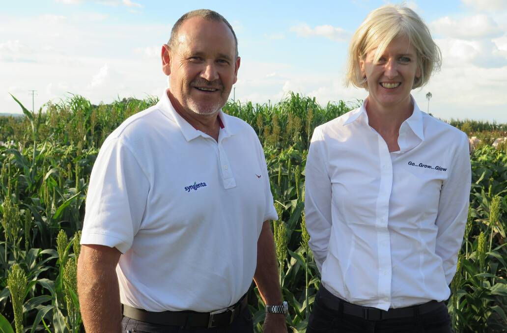 Syngenta's departing Australian and New Zealand territory head, Paul Luxton, with the then Asia Pacific regional director, Tina Lawton, on farm in southern Queensland in 2017. File photo.