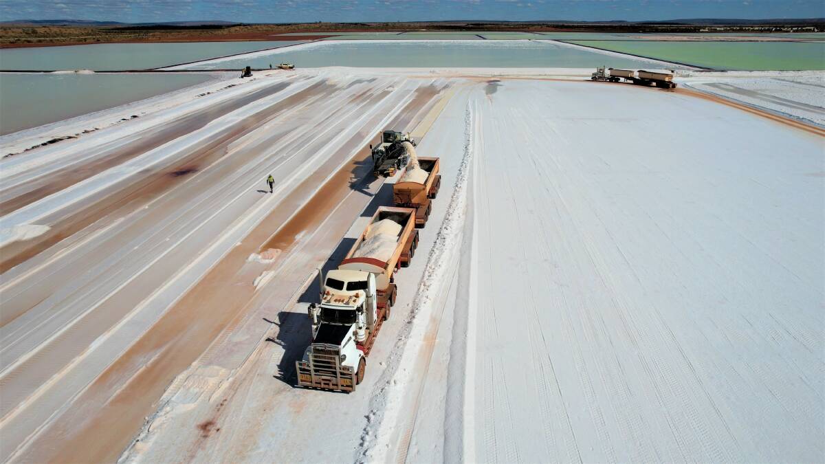 A B-double truck being loaded with potassium harvest salts at Kalium Lakes' Beyondie Sulphate of potash fertiliser project.
