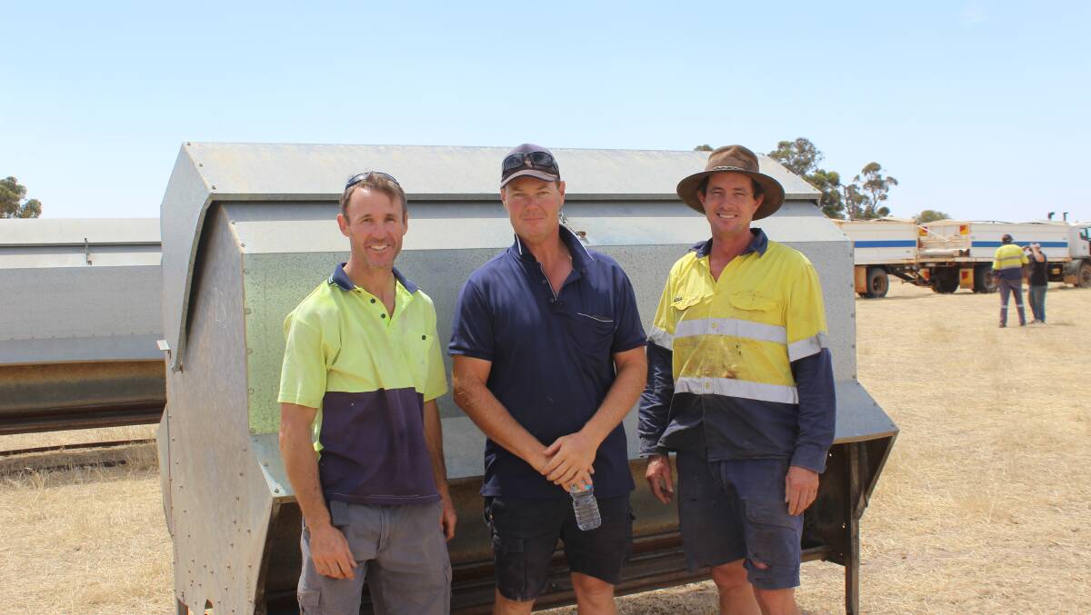 The line-up of Advantage feeders caught the eyes of plenty of attendees, including Graeme Bolt (left), Woodanilling and Dumbleyung farmers Karl West and James Dare.