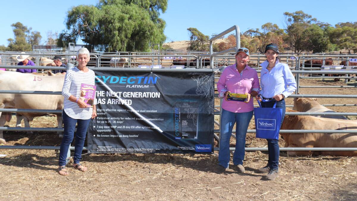 Volume Charolais bull buyers, Helen Cripps (left), with her daughter Gemma, Gabyon station, Yalgoo, and volume bull buyer sponsor Kylie Meloury, Virbac. The Cripps family bought six Charolais bulls in the sale at an average of $5250 and a high of $7000.