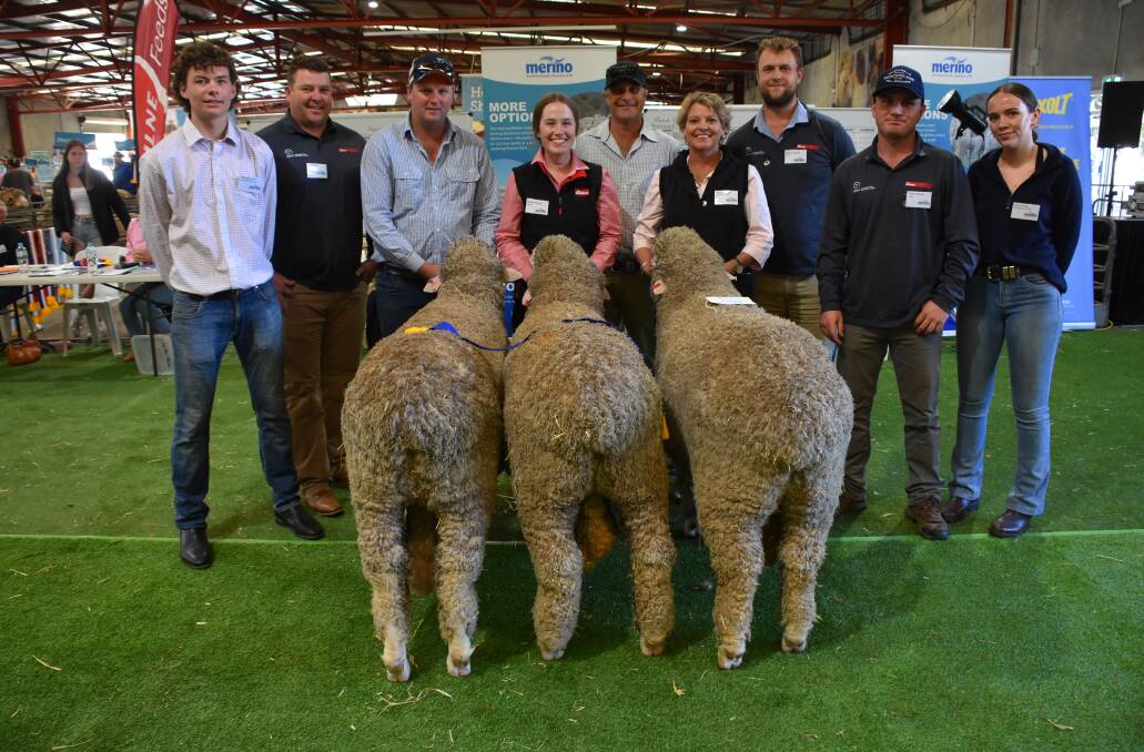 The Jones familys Belka Valley stud, Bruce Rock, won the class for three Merino or Poll Merino rams under 1.5 years and with it a $3000 cash prize sponsored by Elders. With the winning team were judges Tom Bolt (left), Corrigin and Jarrod King, Gairdner, Mat Fairbrass, Bridgetown, Lauren Rayner, Elders stud stock, Belka Valley principals Phil and Robyn Jones and judges, Angus Halliday, Bordertown, South Australia, Tom Lilburne, Conargo, NSW and Darcy King, Darkan.