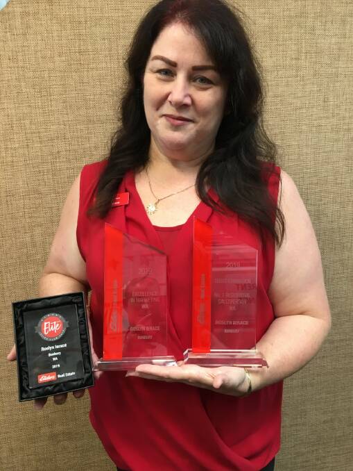 Reflective of her outstanding 2019 selling season Roslyn Ieraci, Bunbury, proudly displays her awards for Excellence in Marketing, No.1 Residential Salesperson and for being named as one of seven Elite sales people from WA.