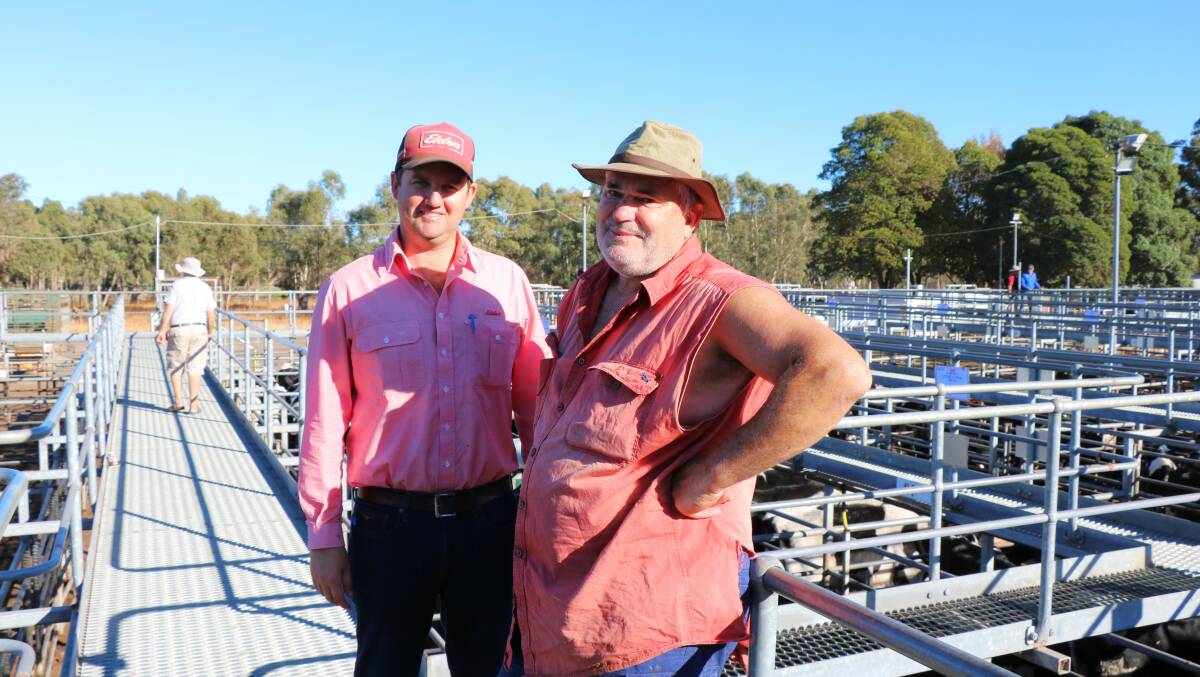 Volume buyer at the sale, Alex Roberts (left), Elders Boyanup, checking in with local carrier, Tim Cox, Elgin, before the sale.