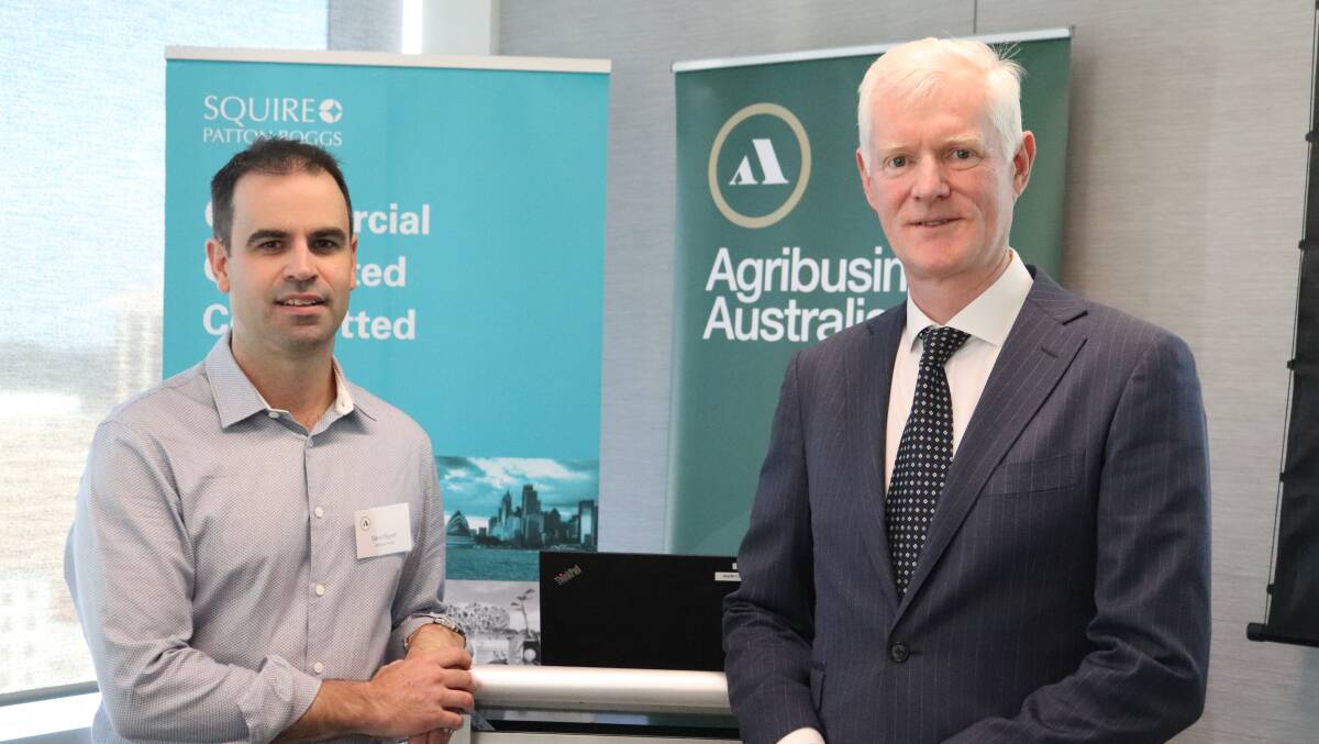 Livestock Pricing operations manager Gavin Bignell (left), with Squire Patton Boggs (SPB) partner Michael Swift at the Agribusiness Australia networking breakfast at the SPB office at Perth last week.