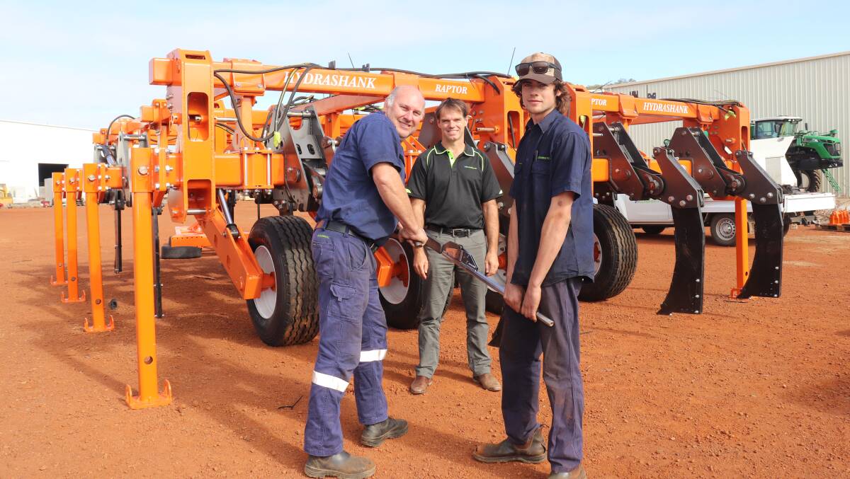  New ALLmakesAG general manager Bernard McLean (centre) with ag mechanic Brian Davis (left) and apprentice Jarrod West, at the Northam branch putting together a TTQ Raptor Hydrashank for a client.