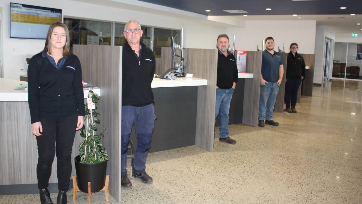 McIntosh & Son, Katanning, parts manager Brydie Creagh (left) with the 'front desk' parts interpreters, from left, Phil Kleeman, Lloyd Miles, Luke Taylor and Amelia Barton,.