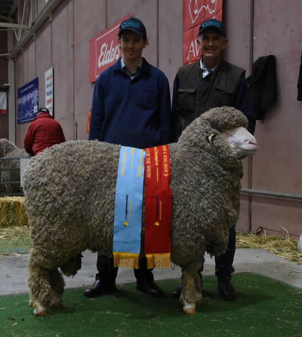 With the reserve grand champion medium wool ram from the Coromandel stud, Gairdner, are stud principal Michael Campbell (right) and his son Tom. The ram was also sashed the champion medium wool Poll Merino ram and champion August shorn medium wool Poll Merino ram.