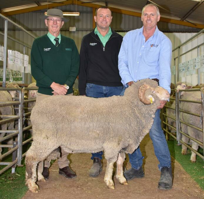  Prices peaked at $5000 for this Merino sire from the Wattle Dale stud, Scaddan, at last weeks Esperance Breeders Ram Sale when it sold to Dave and Lyn Mathwin, Barrule Grazing Co, Kojonup. With the ram were Nutrien Livestock auctioneer Neil Brindley (left), Nutrien Livestock, Esperance agent Darren Chatley and Wattle Dale stud principal David Vandenberghe.