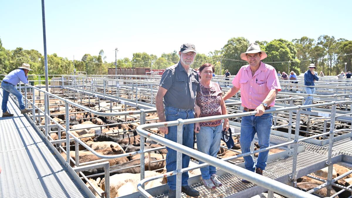 Alec (left) and Colleen McNab, AC & C McNab, Scott River, pictured with Elders Margaret River agent and sale auctioneer Alec Williams topped the beef steer section at last Friday's sale when two of their Angus crosses which averaging 583kg reached a height of $2097 at 360c/kg.