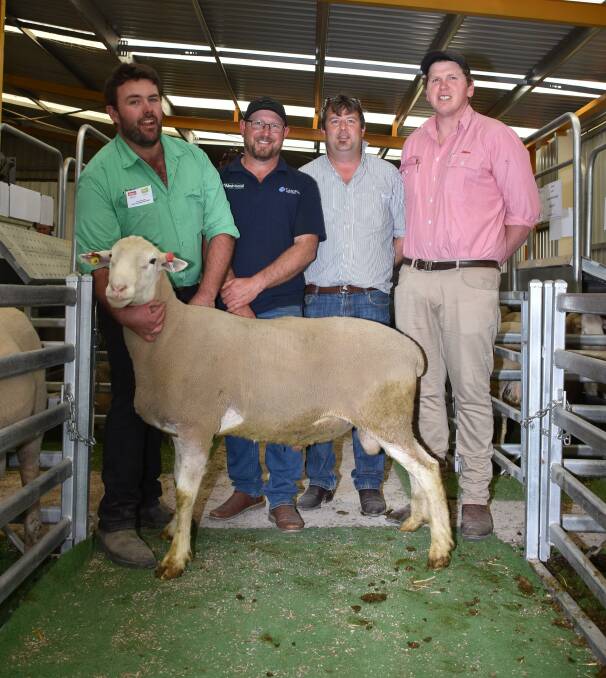 In the Cascade White Suffolk offering prices hit a high of $1500 for this sire when it sold to Epasco Farms, Condingup. With the ram were Nutrien Livestock, Esperance representative Jake Hann (left), Cascade stud principal Scott Welke, Cascade, Epasco Farms farm manager Nick Ruddenklau and his agent Callum ONeill, Elders, Esperance. In the Cascade offering Epasco Farms were also the volume buyers purchasing 23 rams at an average of $1122.