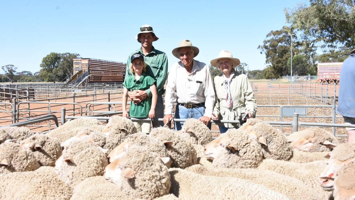 The Hodgson family, Jefan, Kulin, dispersed their flock based on Eastville bloodlines in last weeks Nutrien Livestock Corrigin and Wickepin ewe and wether lamb sale offering ewes in both yardings. They topped the Wickepin leg of the sale with a line of 1.5-year-old March shorn ewes at $100 and the Corrigin leg at $93 with two lines of March shorn 2.5yo ewes. With the start of their 1.5yo ewe offering at Wickepin were Nutrien Livestock, Wickepin/Kulin and Corrigin agent Ty Miller (left), with son Fletcher and vendors Geoff and Cathy Hodgson.