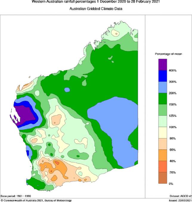 Most pastoral areas of WA have enjoyed an average to wetter than average wet season. Map by the Bureau of Meteorology.