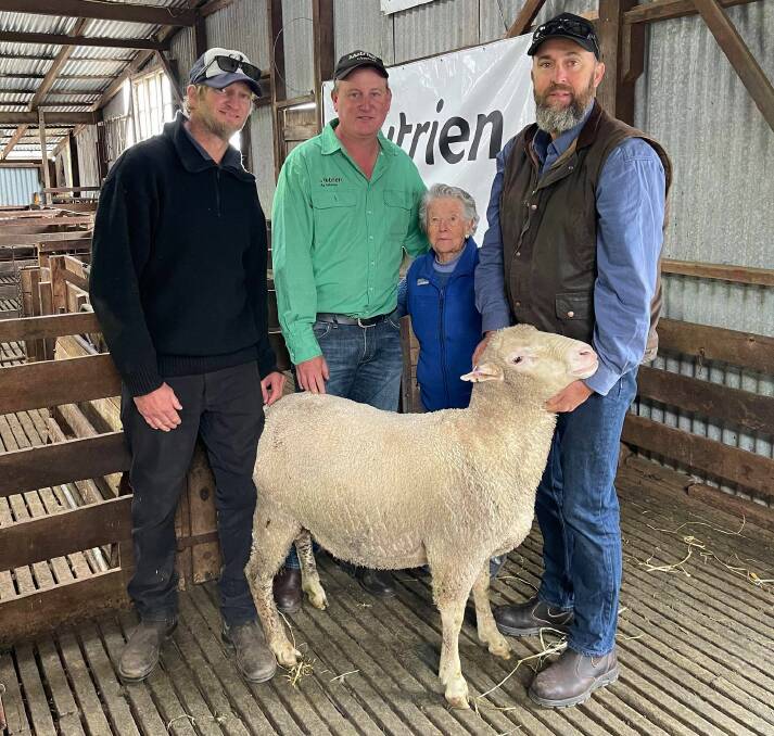 With the $3050 top-priced ram at last week's Denvale Dohne on-property ram sale at Mt Barker were buyer Brendan Watterson (left), Yuelup Farms, Tenterden, Nutrien Livestock Mt Barker representative Matt Mullally and Denvale stud's Cis Sounness and Greg Sounness.