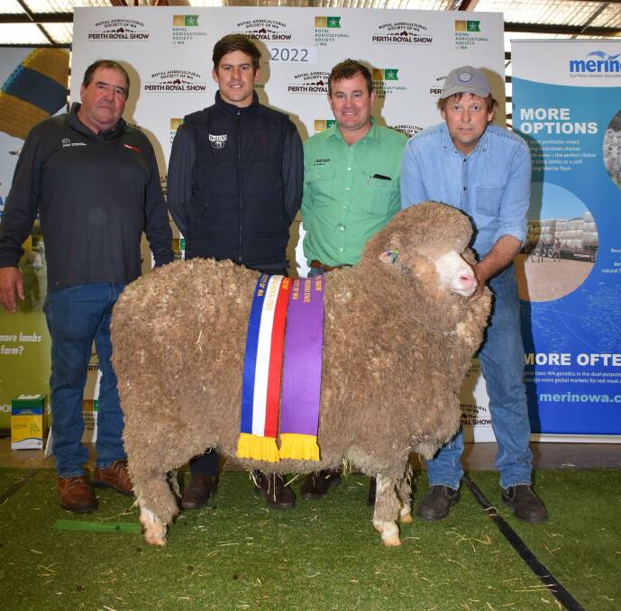 With the grand champion August shorn and champion strong wool Poll Merino ewe exhibited by the Belmont Park stud, Wagin, were judges Scott Pickering (left), Cascade and Fraser House, Gnowangerup, sponsor representative Mitchell Crosby, Nutrien Livestock Breeding and Belmont Park stud co-principal Raymond Edward.