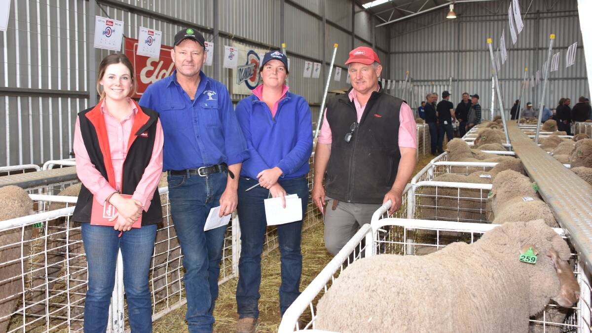 Brooklands Park Pastoral Pingelly was one of the major buyers in the Merino offering. Going through the rams they purchased post sale were Elders trainee Alex Prowse (left), Jeff Edwards and daughter Chloe and Elders stud stock representative Russell McKay. In the sale the Edwards purchased 35 Poll Merinos at an average of $1394.